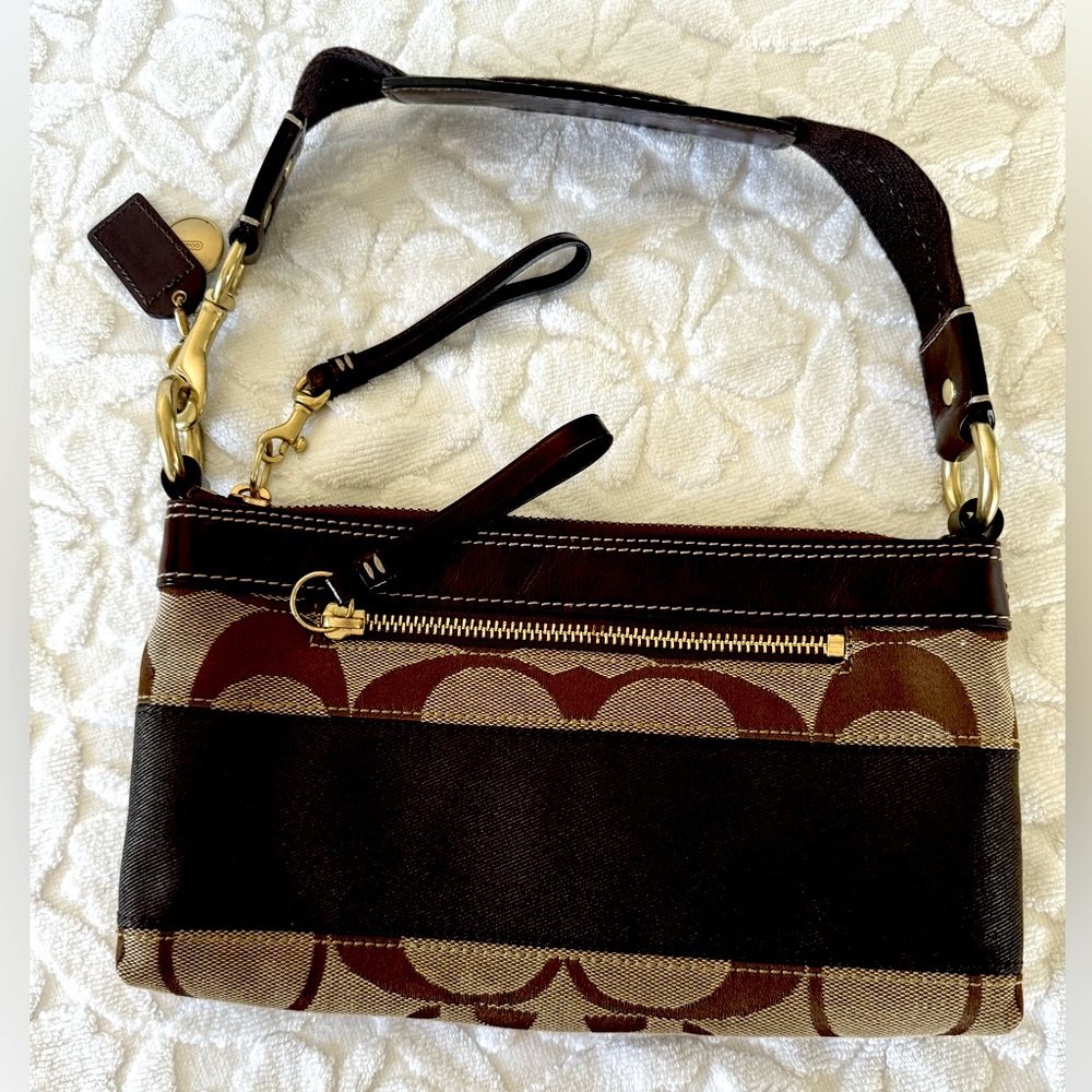 COACH #10120. Brown & Khaki, large C pattern Demi shoulder bag. Brown patent.